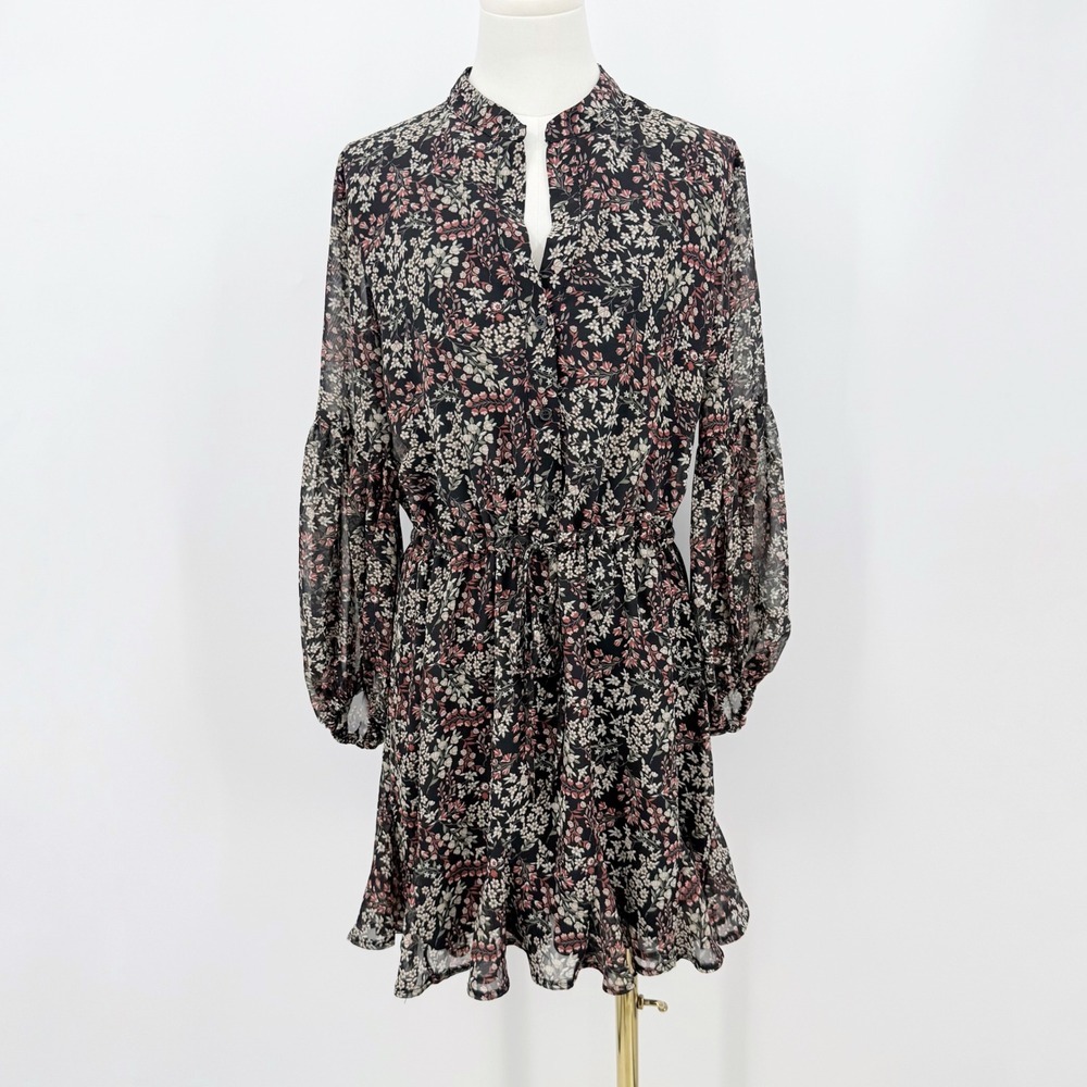 Aakaa Black Floral Sheer Boho Dress Long Sleeve Tie Waist Ruffle Hem Mini S Fall